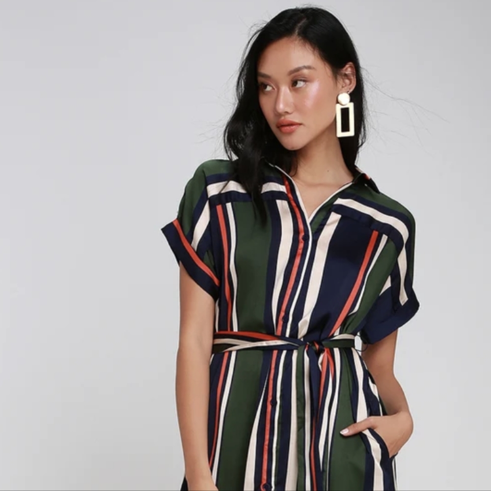 Lulu's TGIF Navy Green Striped Midi Shirt Dress (S)